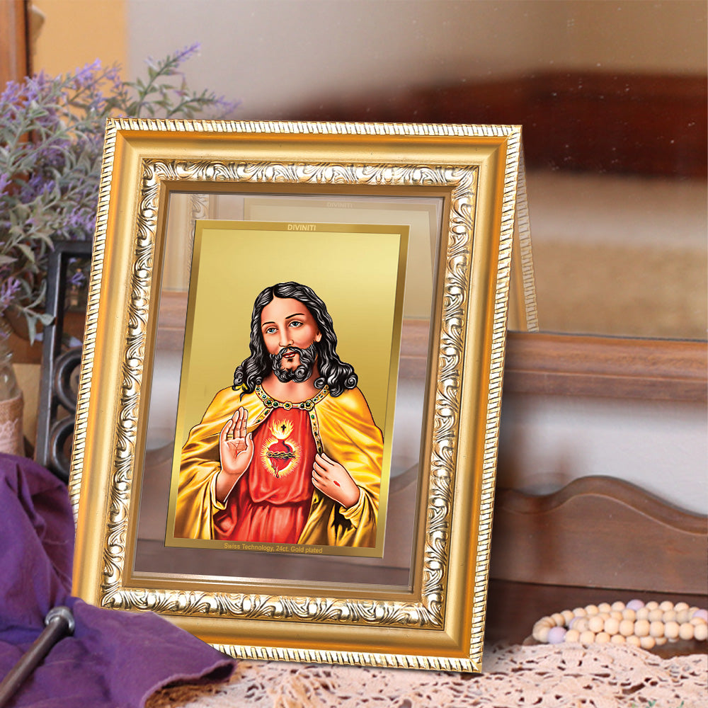 Jesus Christ | Sacred Wall and Tabletop Photo Frame in 24K Gold Plated Foil with ornate design and colorful image