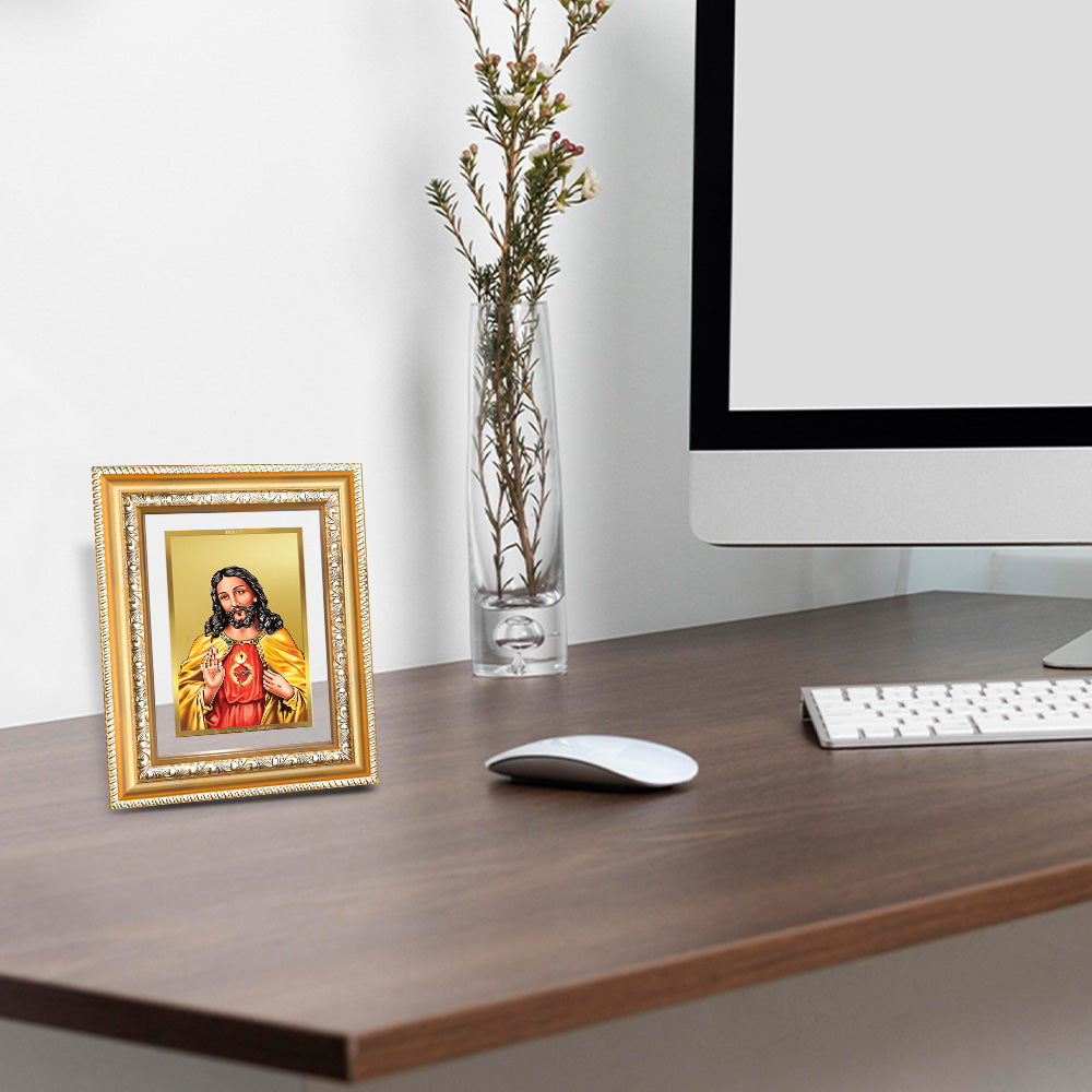 Jesus Christ Tabletop Photo Frame in 24K Gold Plated Foil displayed on table