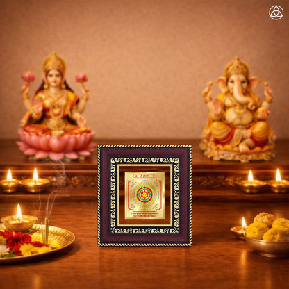 Kuber Yantra in a decorative frame on an altar with traditional deities and candles, symbolizing wealth and prosperity.