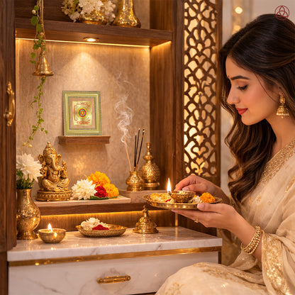 Woman performing a ritual with Kuber Yantra frame in 24K gold plated foil, surrounded by traditional decor.