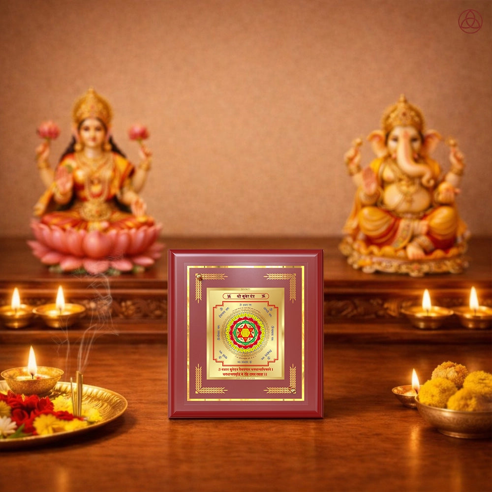Kuber Yantra framed in 24K gold-plated foil, displayed on a wooden table in a traditional setting.