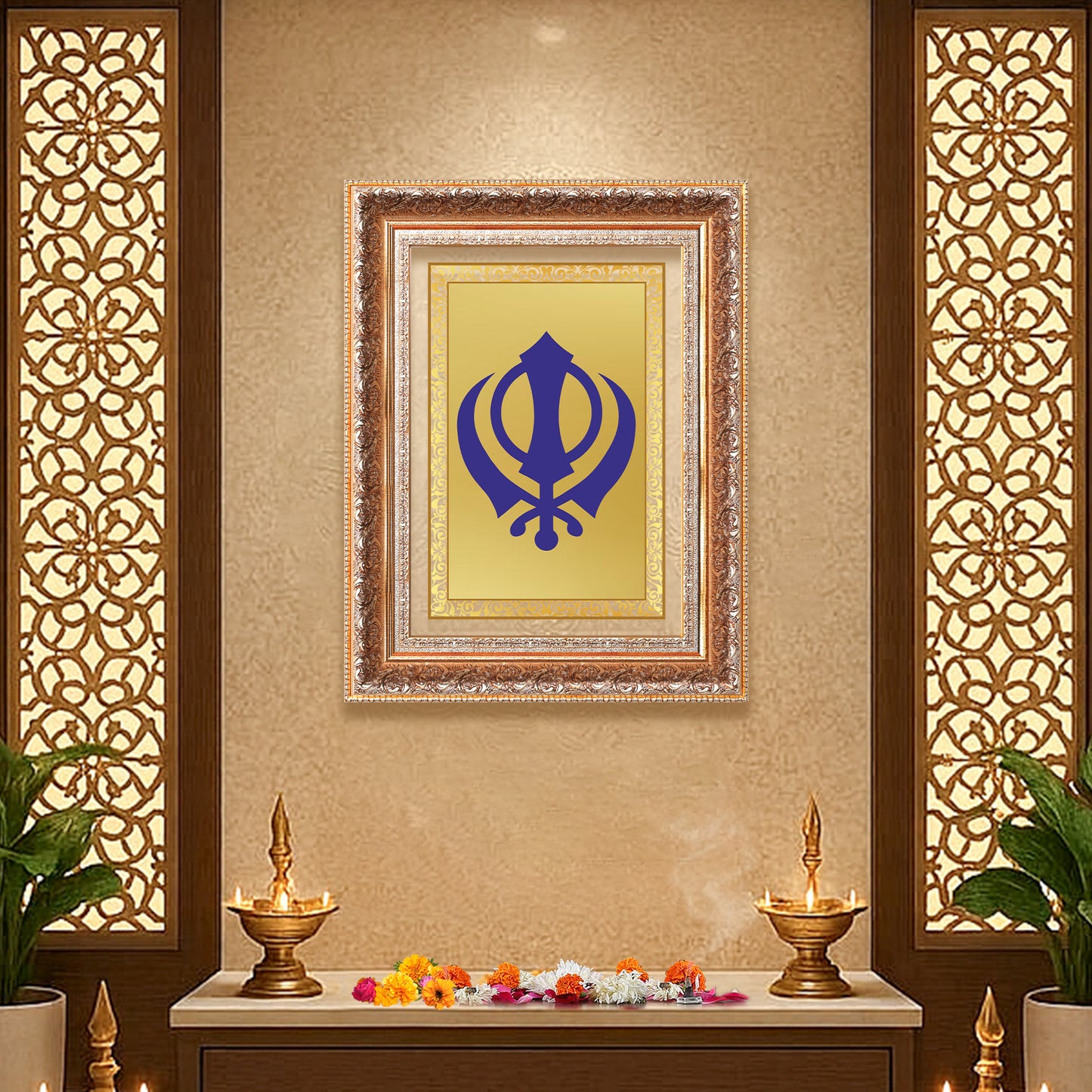 Khanda Sahib | Sacred Sikh Emblem Wall Art Photo Frame in 24K Gold Plated Foil