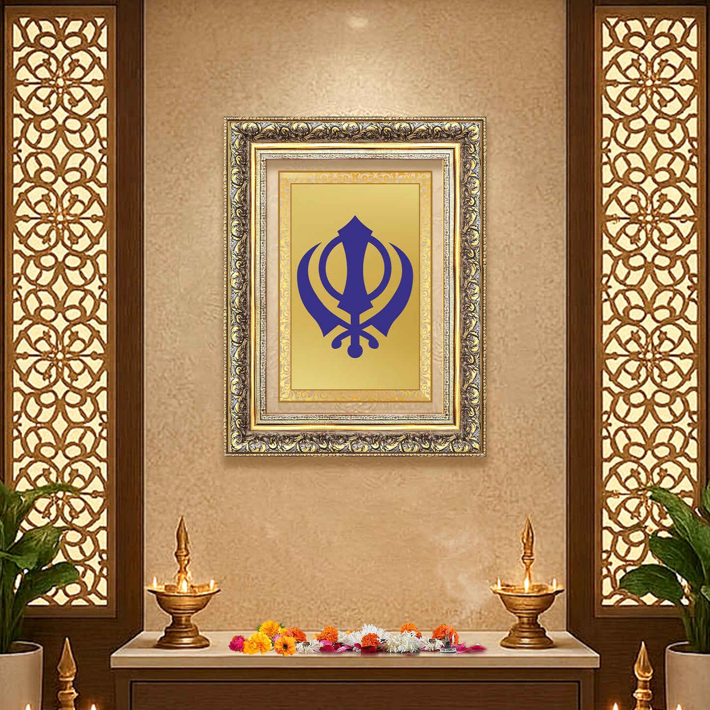 Khanda Sahib | Sacred Sikh Emblem Wall Art Photo Frame in 24K Gold Plated Foil