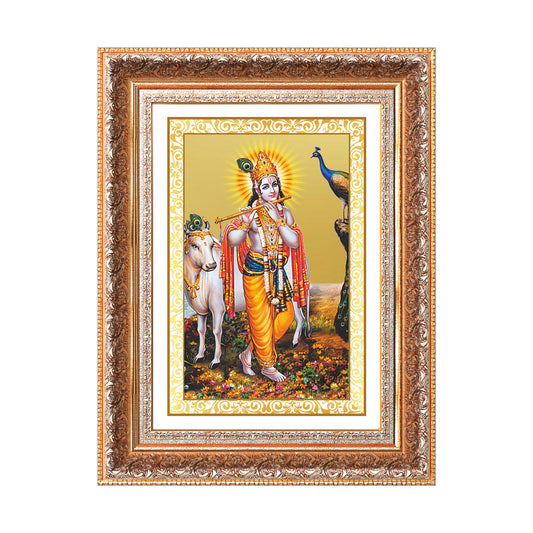 Lord Krishna with Surbhi Cow | Divine Wall Mount Photo Frame in 24K Gold Plated Foil