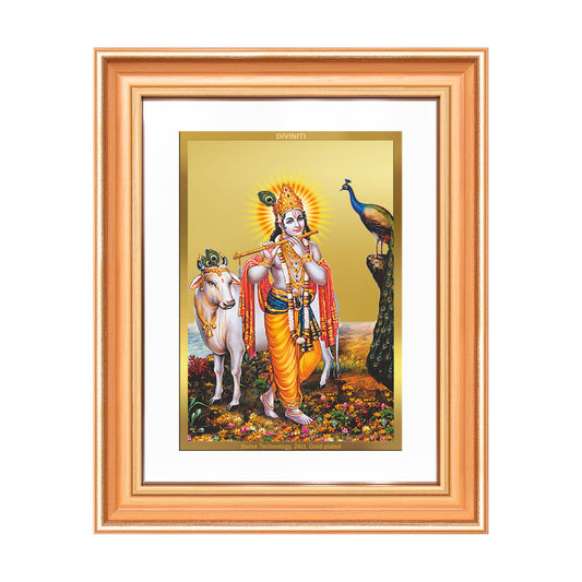 Lord Krishna with Surbhi Cow | Divine Wall Mount Photo Frame in 24K Gold Plated Foil