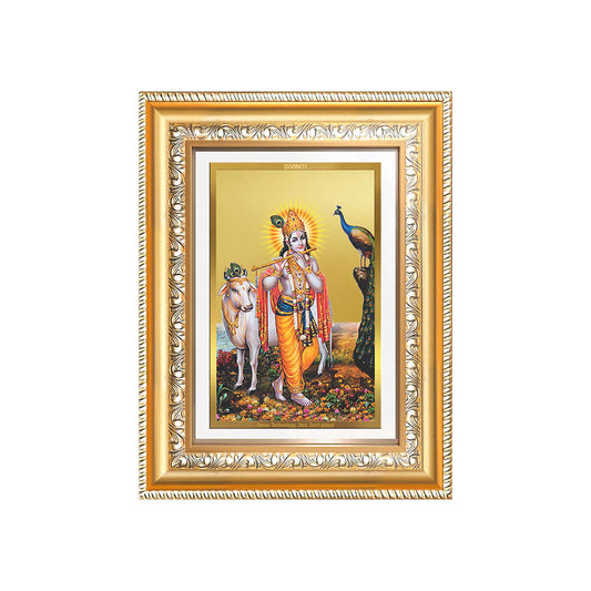 Lord Krishna with Surbhi Cow | Divine Wall and Tabletop Photo Frame in 24K Gold Plated Foil