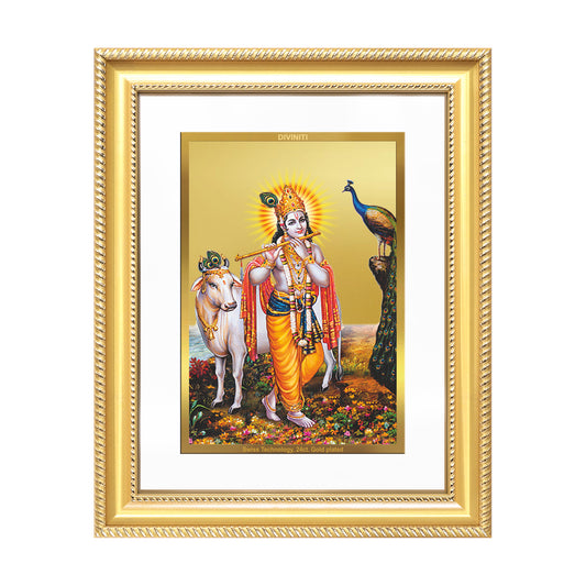Lord Krishna with Surbhi Cow | Divine Wall Mount Photo Frame in 24K Gold Plated Foil