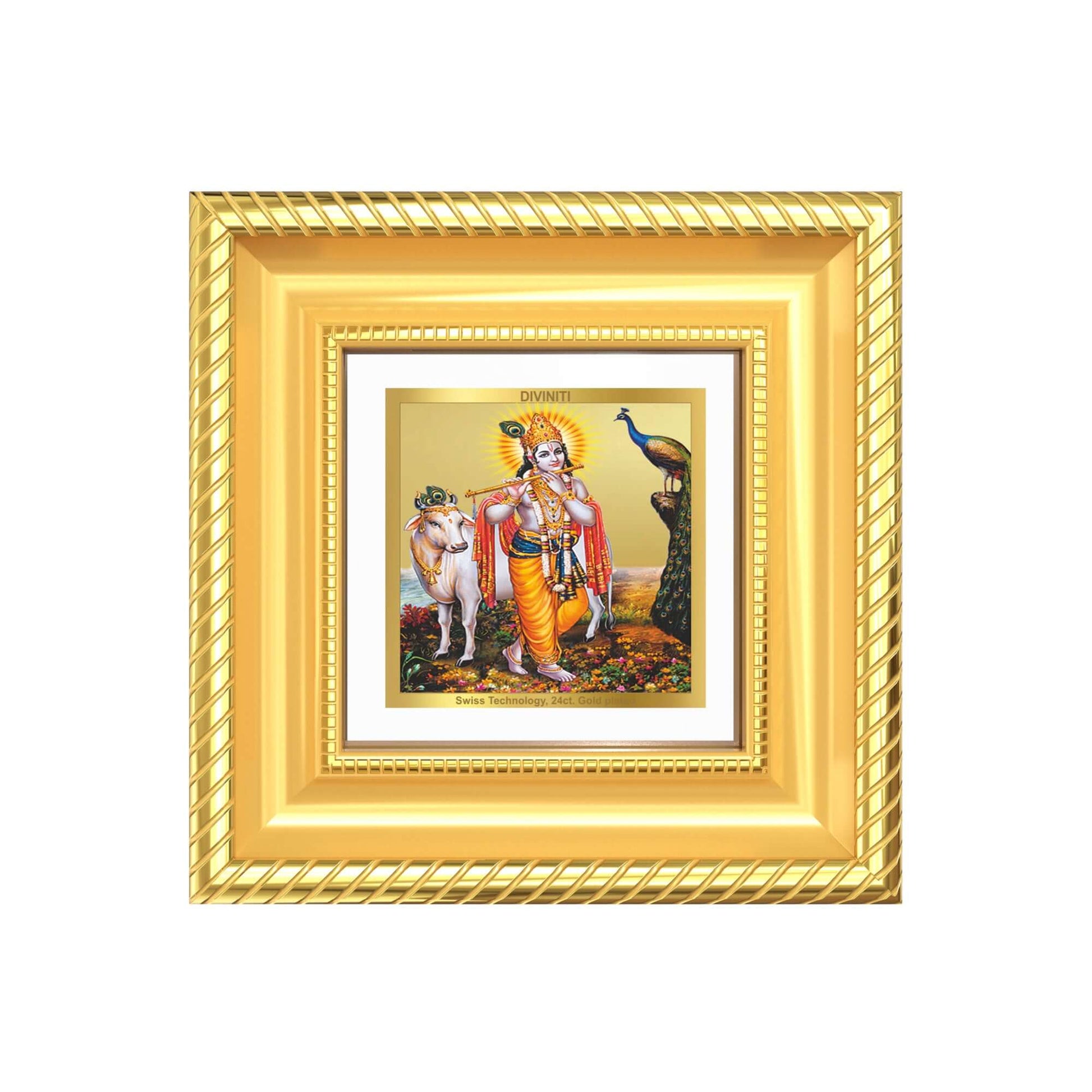 Lord Krishna with Surbhi Cow tabletop frame in 24k gld plated foil