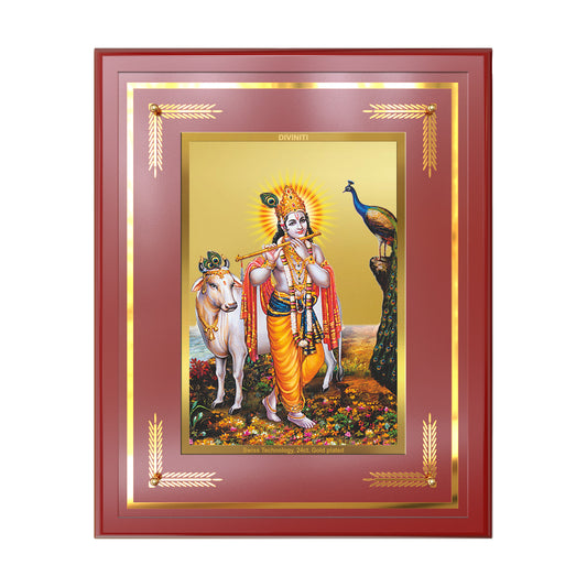 Lord Krishna with Surbhi Cow | Divine Wall Mount Photo Frame in 24K Gold Plated Foil
