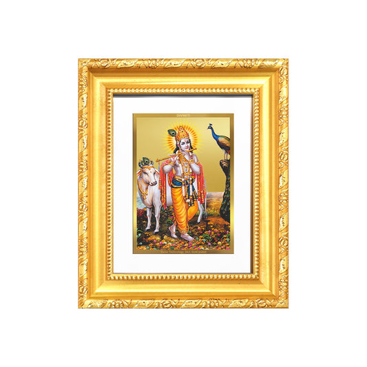 Lord Krishna with Surbhi Cow | Divine Wall & Tabletop Frame in 24K Gold Plated Foil