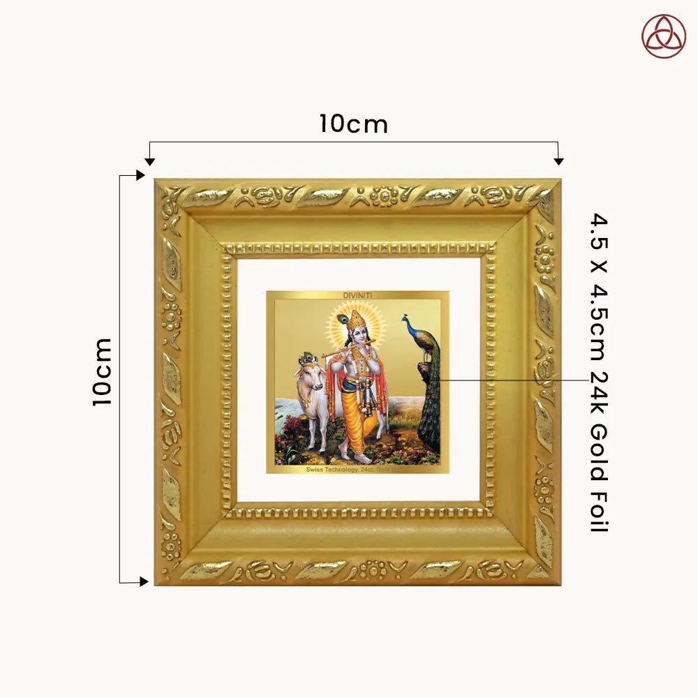Lord Krishna with Surbhi Cow | Divine Tabletop Frame in 24K Gold Plated Foil