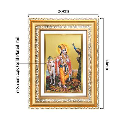 Lord Krishna with Surbhi Cow | Divine Wall and Tabletop Photo Frame in 24K Gold Plated Foil