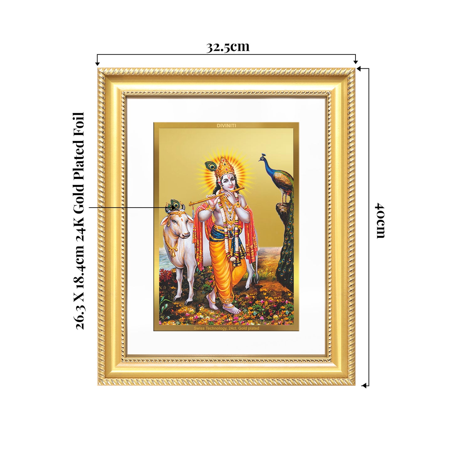 Lord Krishna with Surbhi Cow | Divine Wall Mount Photo Frame in 24K Gold Plated Foil
