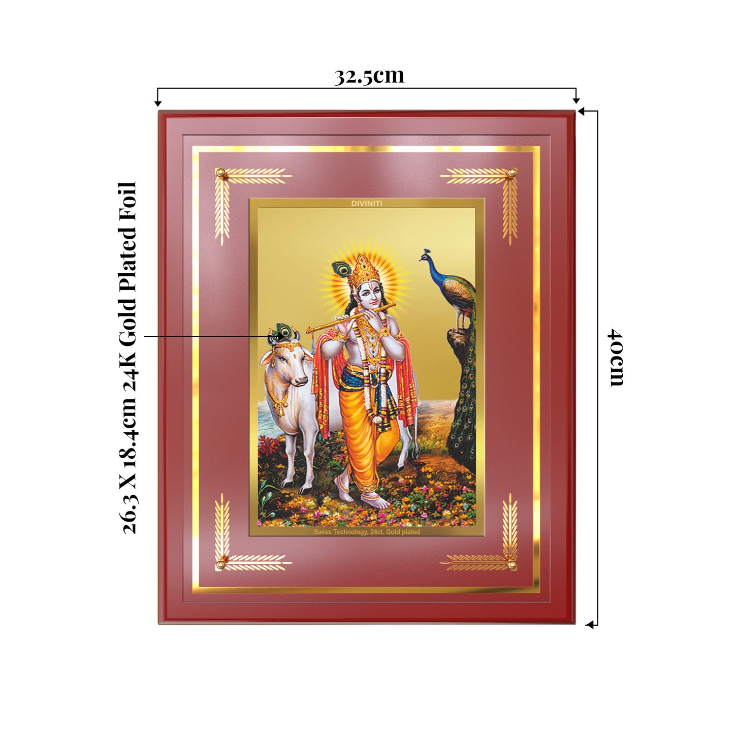 Lord Krishna with Surbhi Cow | Divine Wall Mount Photo Frame in 24K Gold Plated Foil