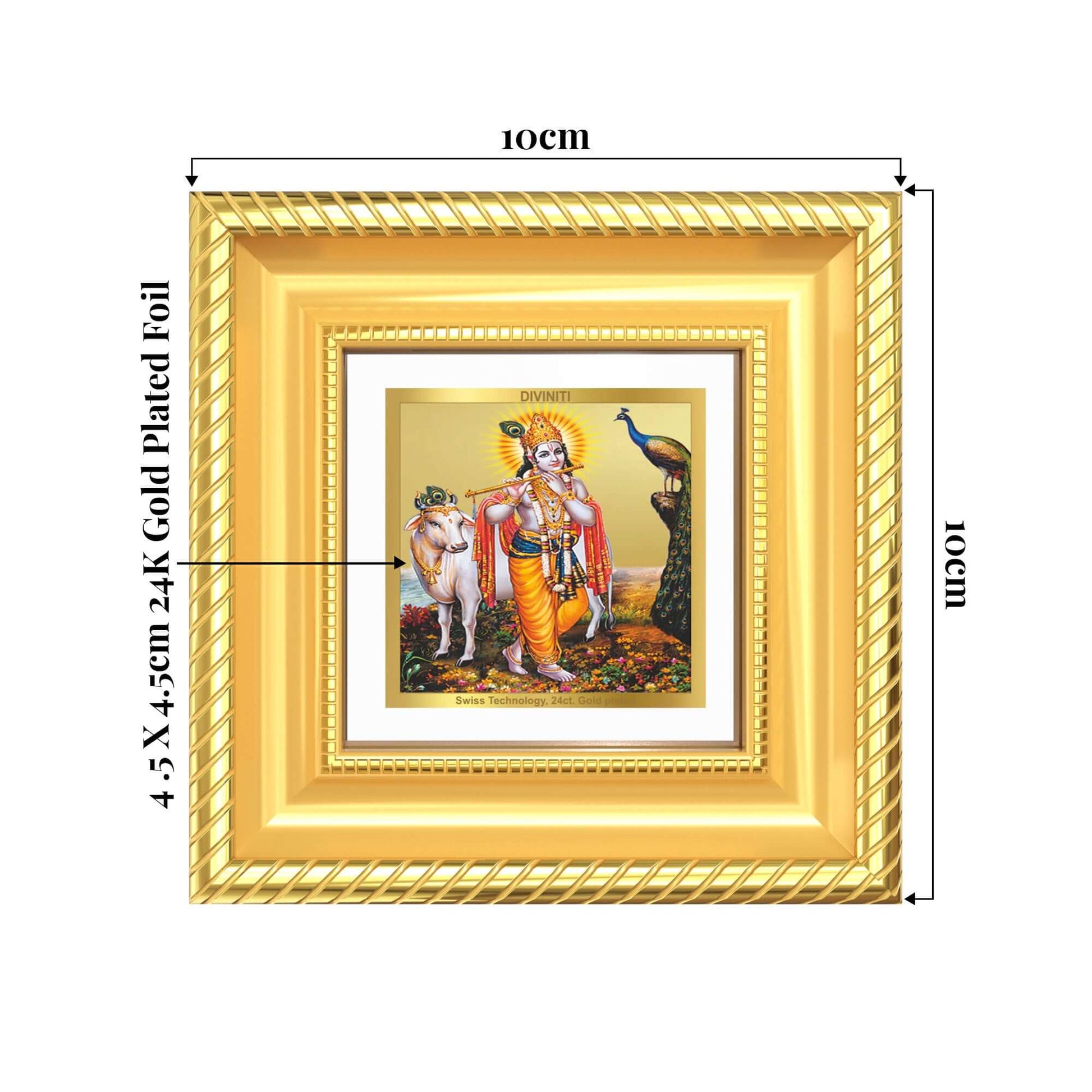 Lord Krishna with Surbhi Cow tabletop frame in 24k gld plated foil showing product dimensions