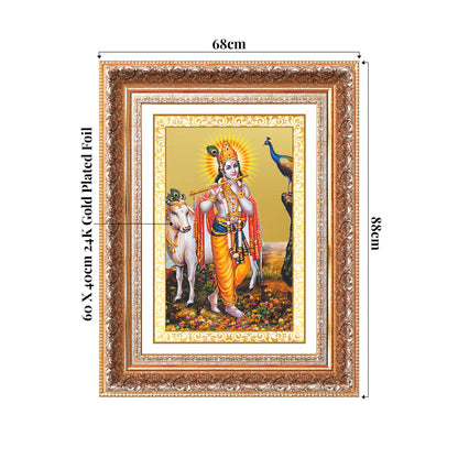 Lord Krishna with Surbhi Cow | Divine Wall Mount Photo Frame in 24K Gold Plated Foil
