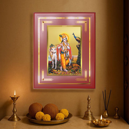 Lord Krishna with Surbhi Cow | Divine Wall Mount Photo Frame in 24K Gold Plated Foil
