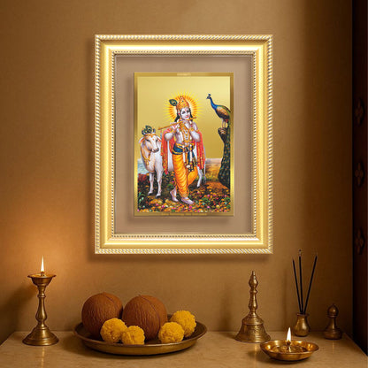Lord Krishna with Surbhi Cow | Divine Wall Mount Photo Frame in 24K Gold Plated Foil