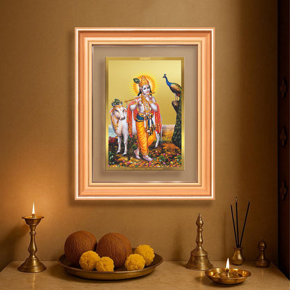 Lord Krishna with Surbhi Cow | Divine Wall Mount Photo Frame in 24K Gold Plated Foil