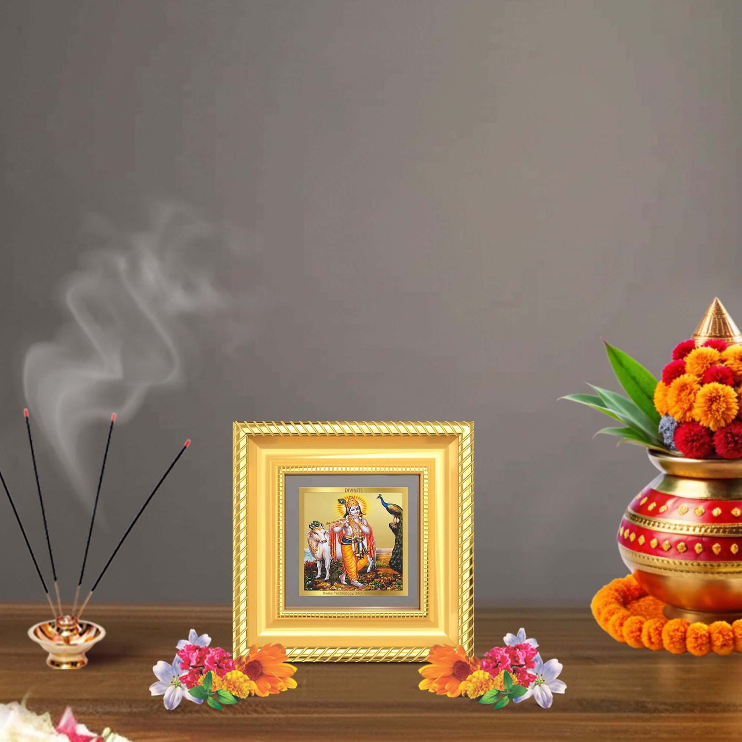 Lord Krishna with Surbhi Cow tabletop frame in 24k gold plated foil displayed in a beautifully decorated wooden wall shrine.