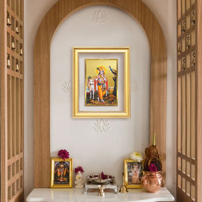 Lord Krishna with Surbhi Cow | Divine Wall Mount Photo Frame in 24K Gold Plated Foil