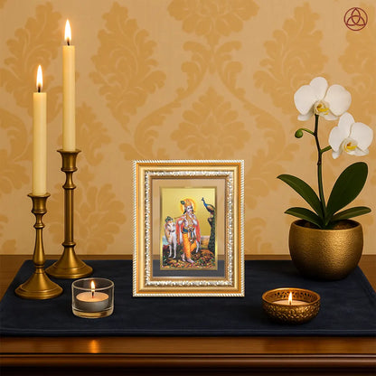 Lord Krishna with Surbhi Cow | Divine Wall & Tabletop Photo Frame in 24K Gold Plated Foil