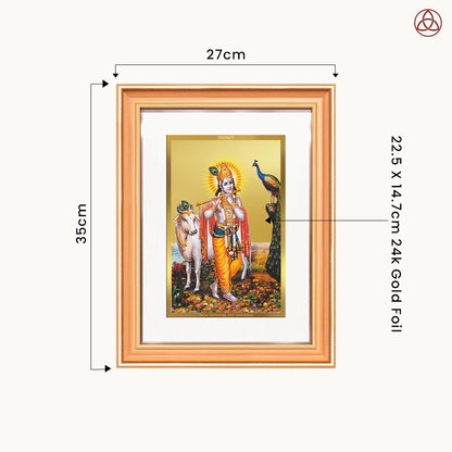 Lord Krishna with Surbhi Cow | Divine Wall Photo Frame in 24K Gold Plated Foil