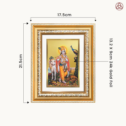 Lord Krishna with Surbhi Cow | Divine Wall & Tabletop Photo Frame in 24K Gold Plated Foil