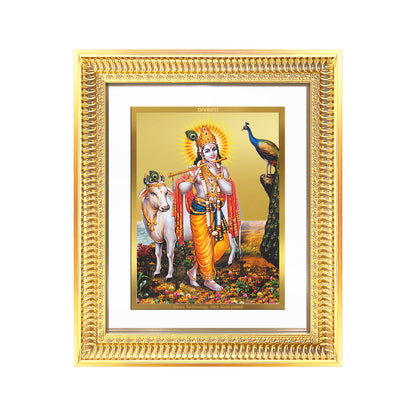 Lord Krishna with Surbhi Cow | Divine Wall Mount Photo Frame in 24K Gold Plated Foil