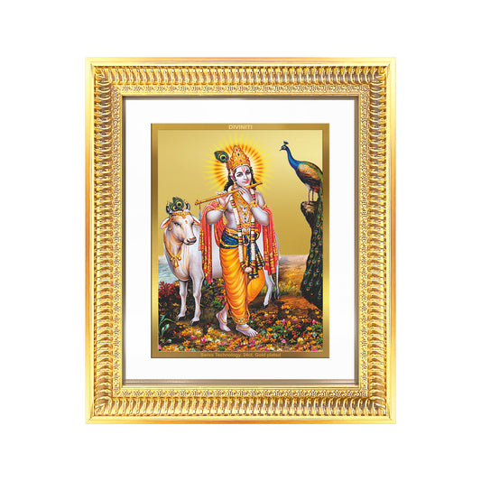 Lord Krishna with Surbhi Cow | Divine Wall Mount Photo Frame in 24K Gold Plated Foil