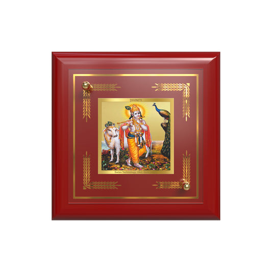 Lord Krishna with Surbhi Cow | Divine Tabletop Frame in 24K Gold Plated Foil