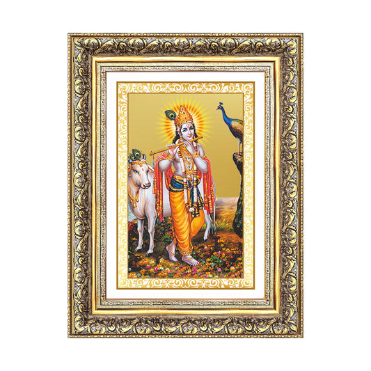 Lord Krishna with Surbhi Cow | Divine Wall Mount Photo Frame in 24K Gold Plated Foil