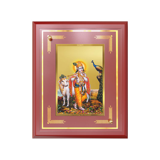 Lord Krishna with Surbhi Cow | Divine Wall and Tabletop Photo Frame in 24K Gold Plated Foil