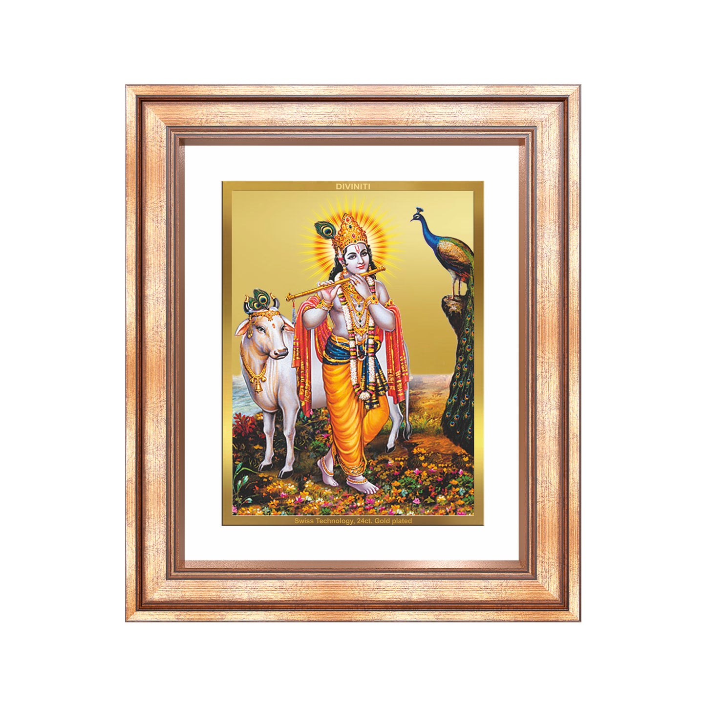Lord Krishna with Surbhi Cow | Divine Wall Mount Photo Frame in 24K Gold Plated Foil