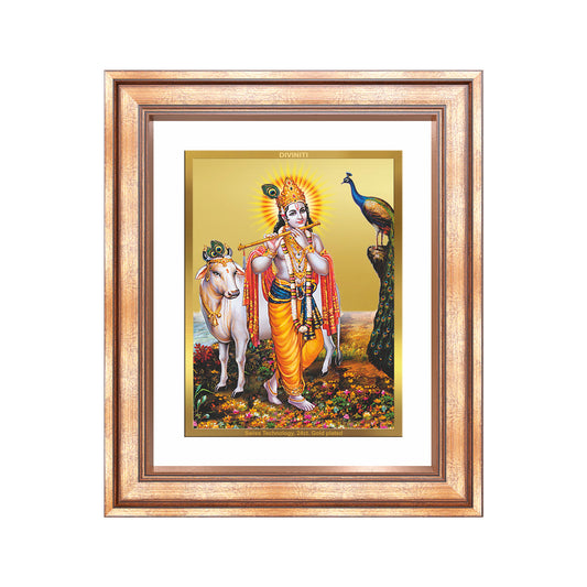 Lord Krishna with Surbhi Cow | Divine Wall Mount Photo Frame in 24K Gold Plated Foil