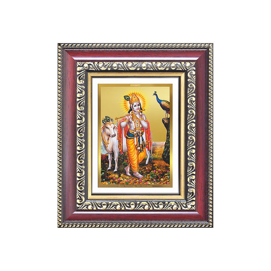 Lord Krishna with Surbhi Cow | Divine Wall & Tabletop Frame in 24K Gold Plated Foil