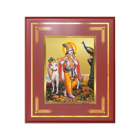 Lord Krishna with Surbhi Cow | Divine Wall Mount Photo Frame in 24K Gold Plated Foil