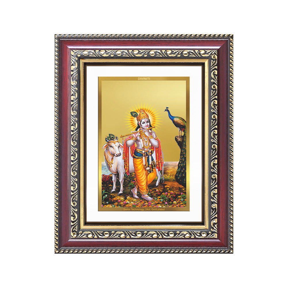 Lord Krishna with Surbhi Cow | Divine Wall and Tabletop Photo Frame in 24K Gold Plated Foil