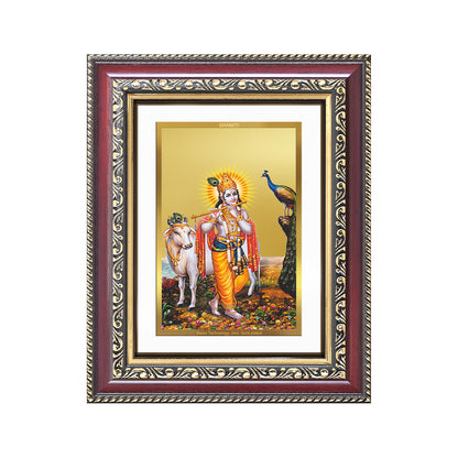 Lord Krishna with Surbhi Cow | Divine Wall and Tabletop Photo Frame in 24K Gold Plated Foil