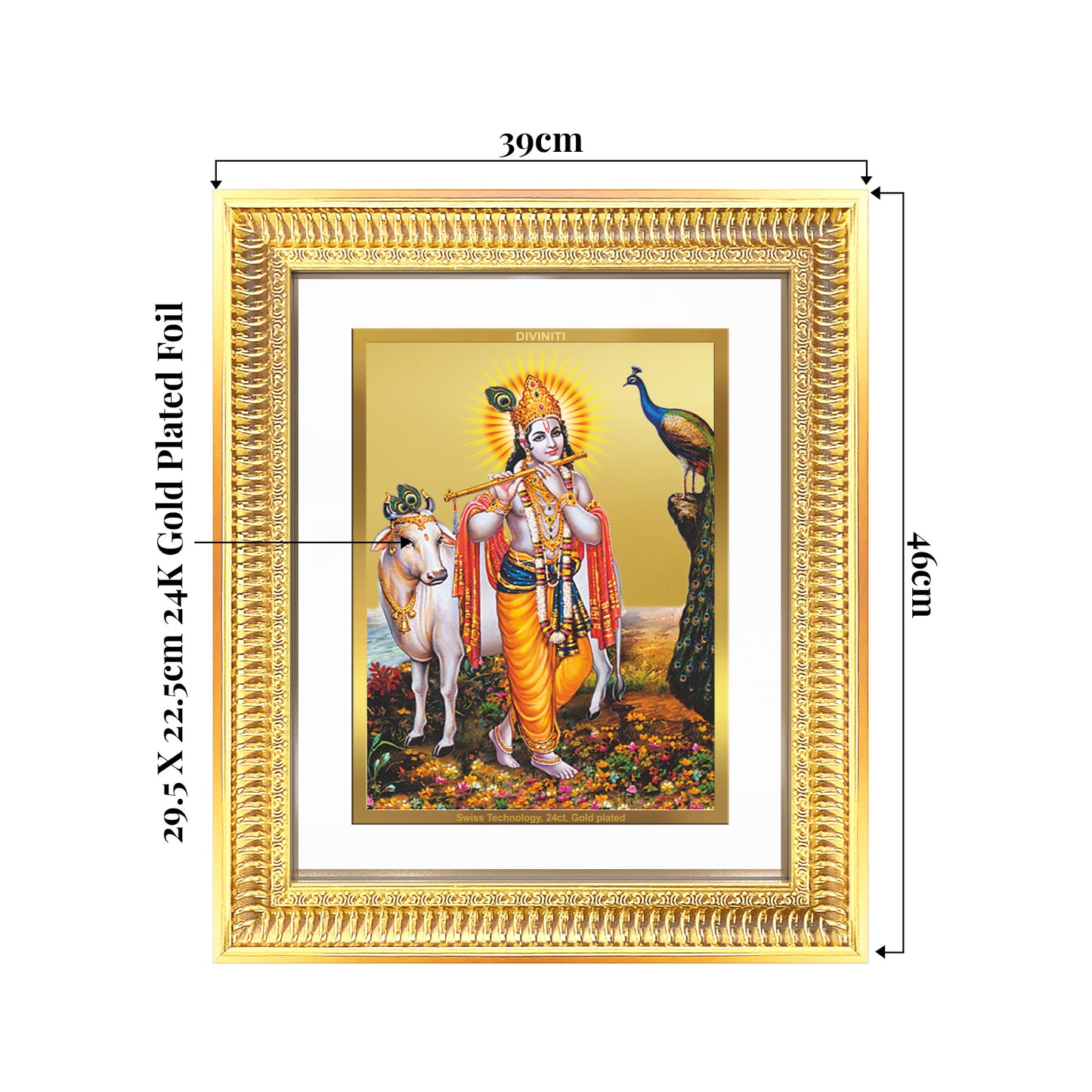 Lord Krishna with Surbhi Cow | Divine Wall Mount Photo Frame in 24K Gold Plated Foil