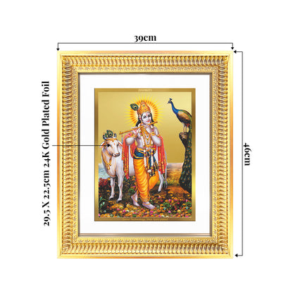 Lord Krishna with Surbhi Cow | Divine Wall Mount Photo Frame in 24K Gold Plated Foil