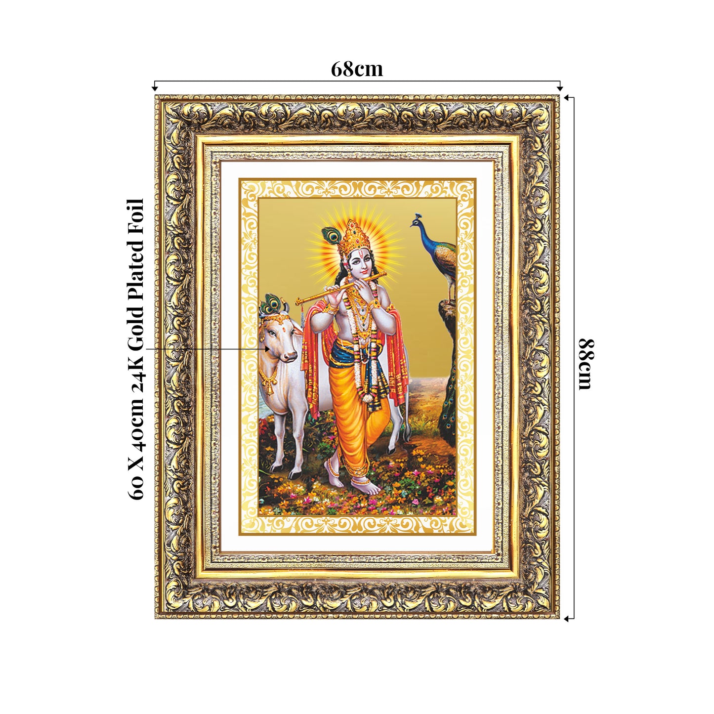 Lord Krishna with Surbhi Cow | Divine Wall Mount Photo Frame in 24K Gold Plated Foil