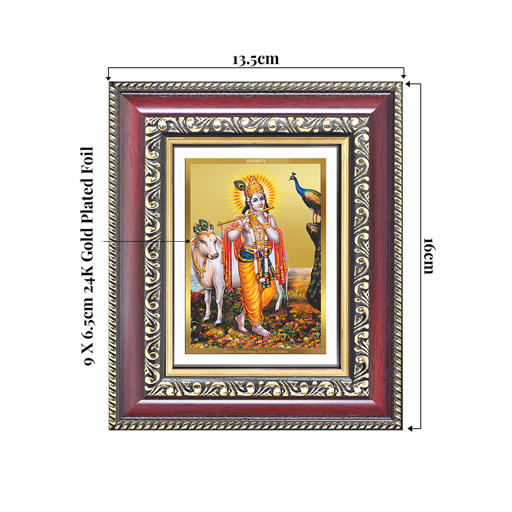 Lord Krishna with Surbhi Cow | Divine Wall & Tabletop Frame in 24K Gold Plated Foil