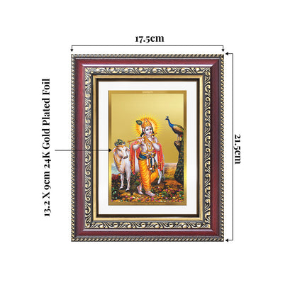 Lord Krishna with Surbhi Cow | Divine Wall and Tabletop Photo Frame in 24K Gold Plated Foil
