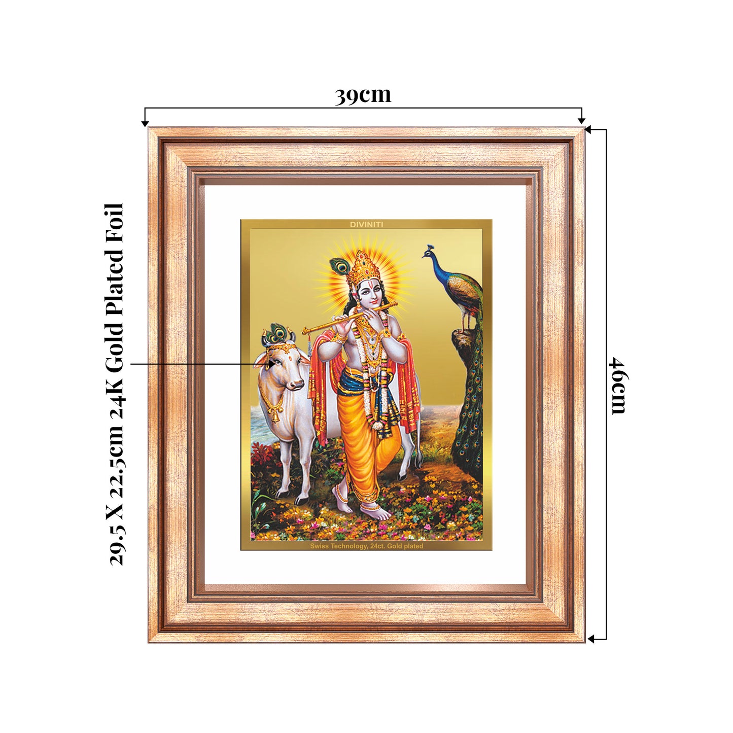 Lord Krishna with Surbhi Cow | Divine Wall Mount Photo Frame in 24K Gold Plated Foil