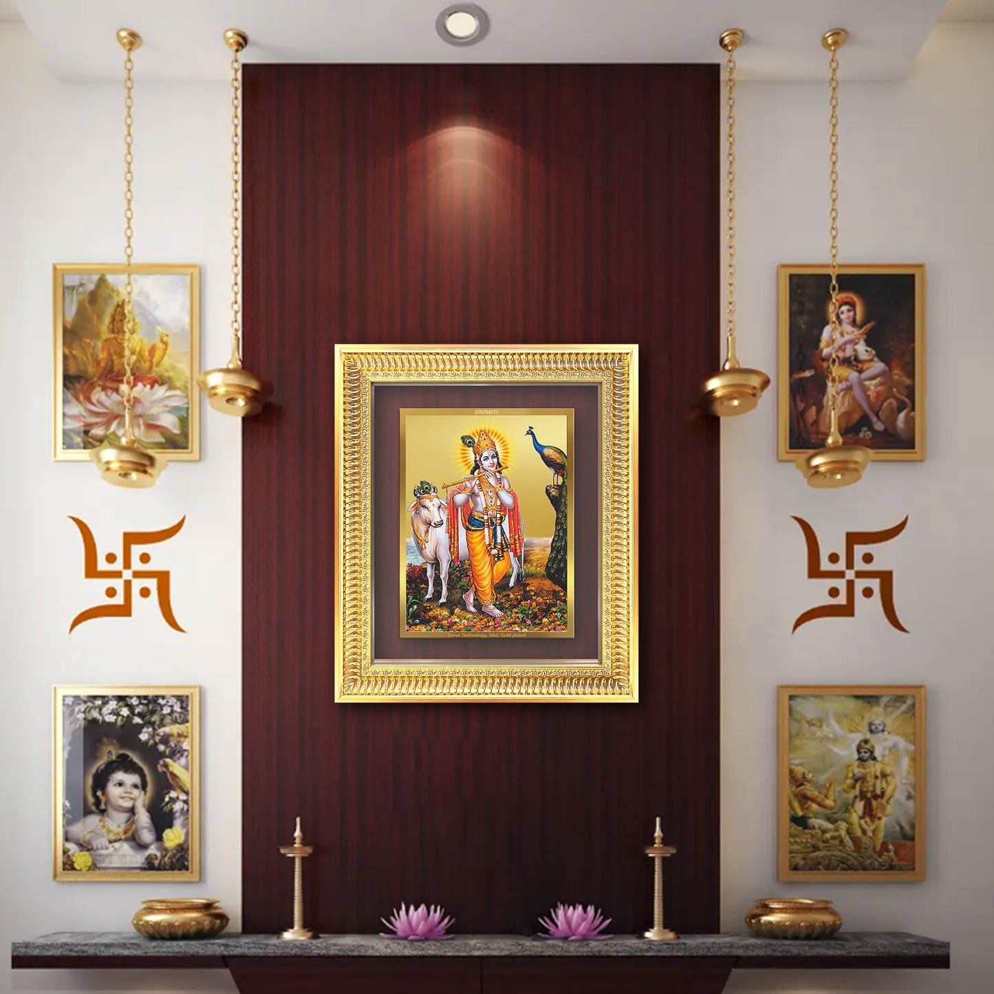 Lord Krishna with Surbhi Cow | Divine Wall Mount Photo Frame in 24K Gold Plated Foil
