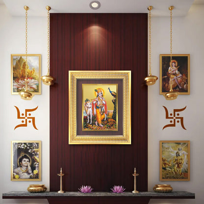 Lord Krishna with Surbhi Cow | Divine Wall Mount Photo Frame in 24K Gold Plated Foil