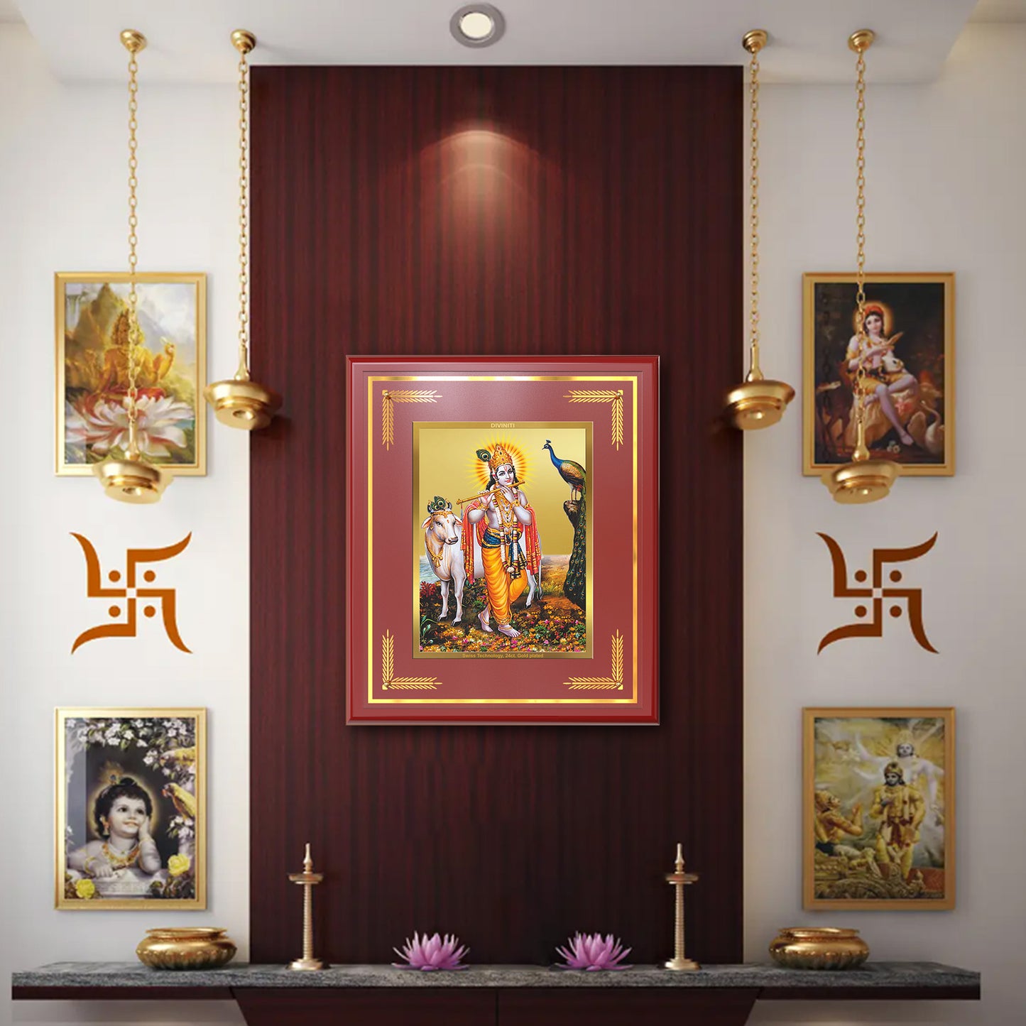 Lord Krishna with Surbhi Cow | Divine Wall Mount Photo Frame in 24K Gold Plated Foil