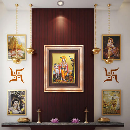 Lord Krishna with Surbhi Cow | Divine Wall Mount Photo Frame in 24K Gold Plated Foil