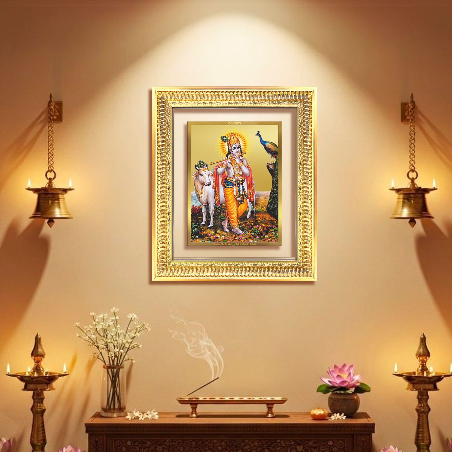 Lord Krishna with Surbhi Cow | Divine Wall Mount Photo Frame in 24K Gold Plated Foil